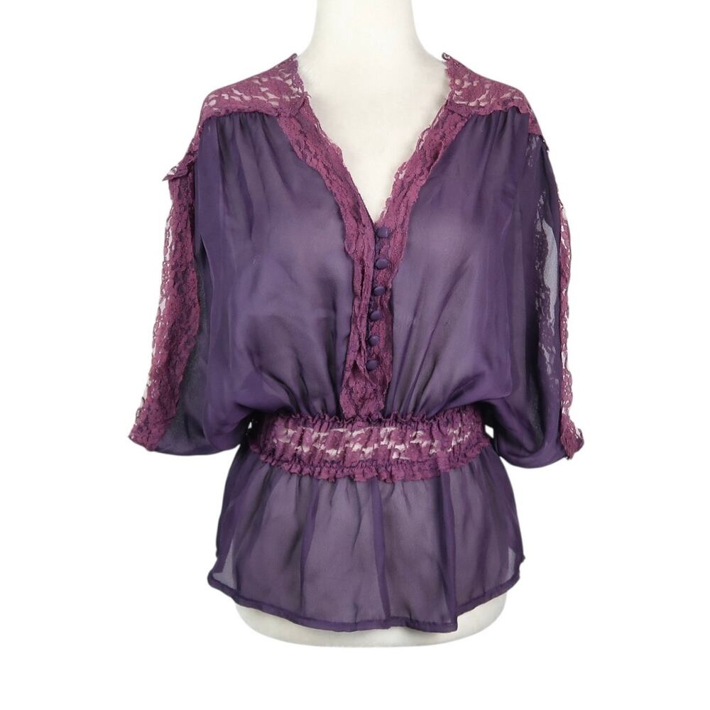Vintage Y2K Arden B. Purple Sheer Blouson Peplum Top Lace Trim XS